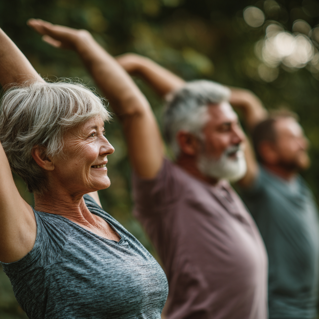 Middle-aged adults practicing gentle stretching exercises in natural setting
