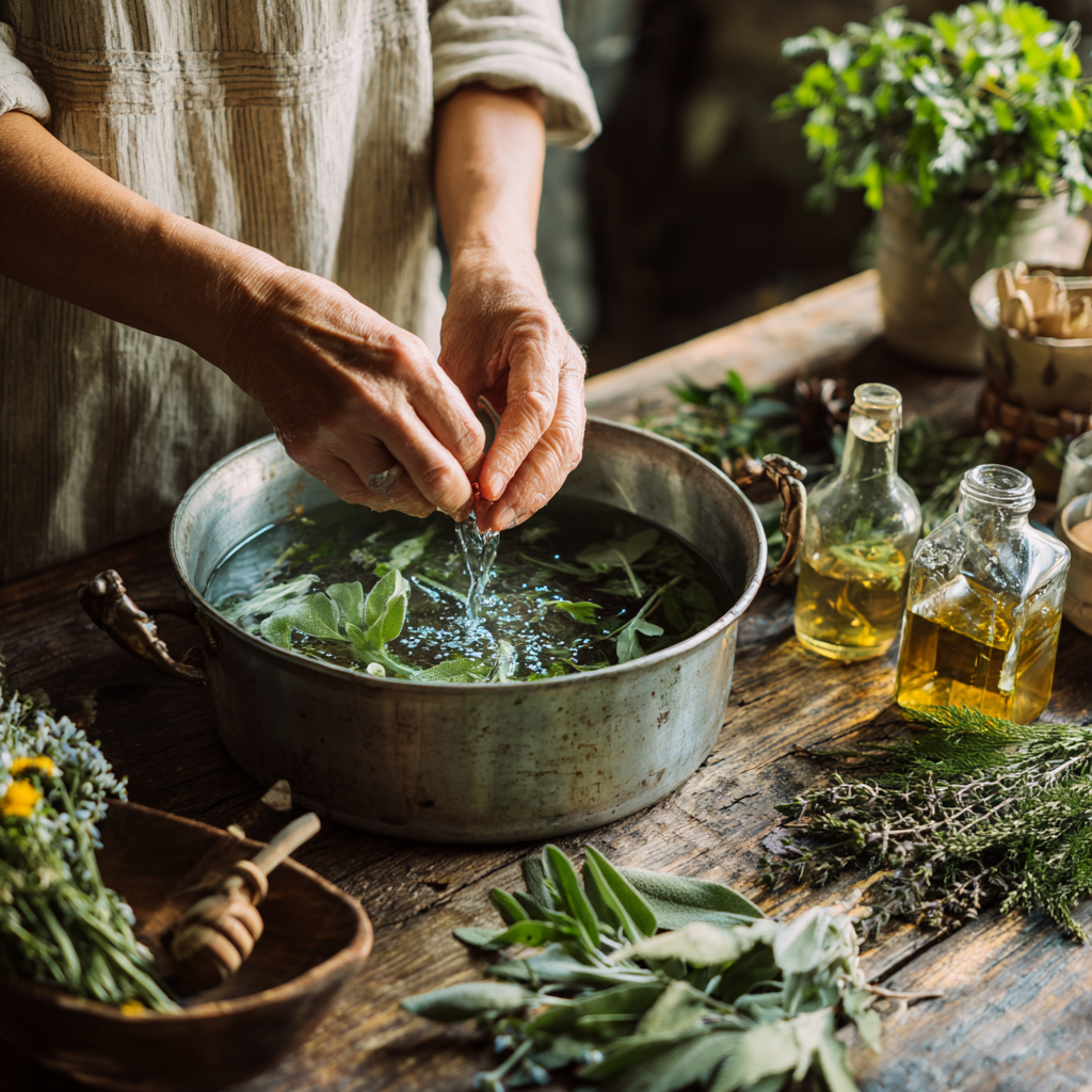 Middle-aged person preparing herbal bath with natural ingredients
