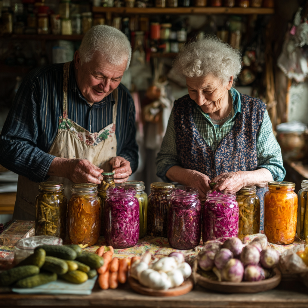 Older adults preparing traditional fermented foods rich in probiotics